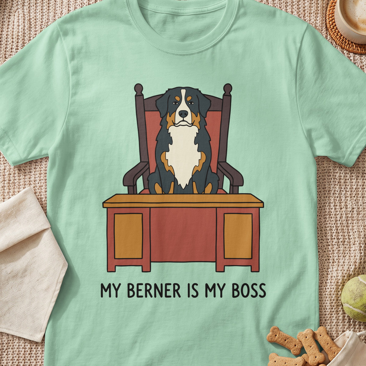 Cartoon Bernese Mountain Dog sits in a chair behind a desk with text "MY BERNER IS MY BOSS".