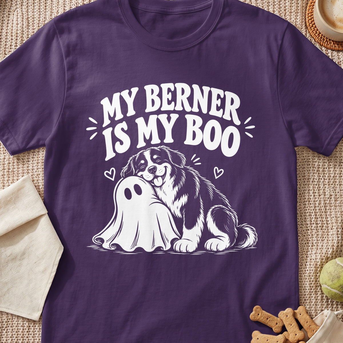 T-shirt with white graphic of Bernese Mountain Dog hugging a ghost saying "My Berner Is My Boo."