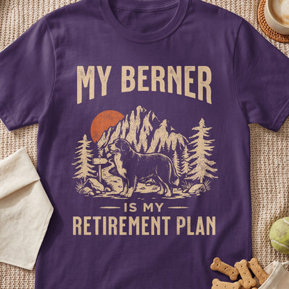 Purple t-shirt with "MY BERNER IS MY RETIREMENT PLAN" and dog graphic.