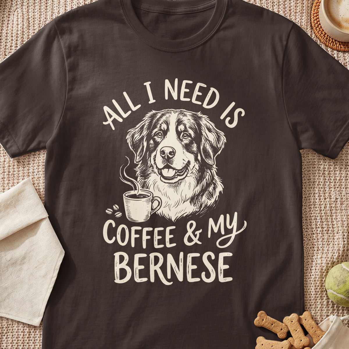Bernese Mountain Dog with coffee and text "All I Need is Coffee & My Bernese".