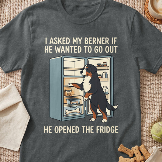 Bernese Mountain Dog opens fridge with bone treats; text: "I asked my Berner if he wanted to go out. He opened the fridge."