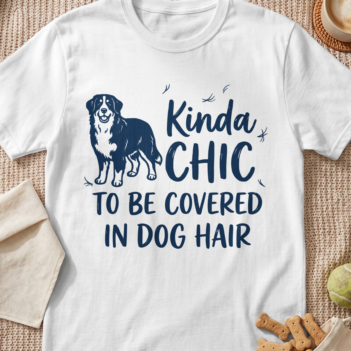 White t-shirt with navy graphic of a dog and text "Kinda CHIC TO BE COVERED IN DOG HAIR".