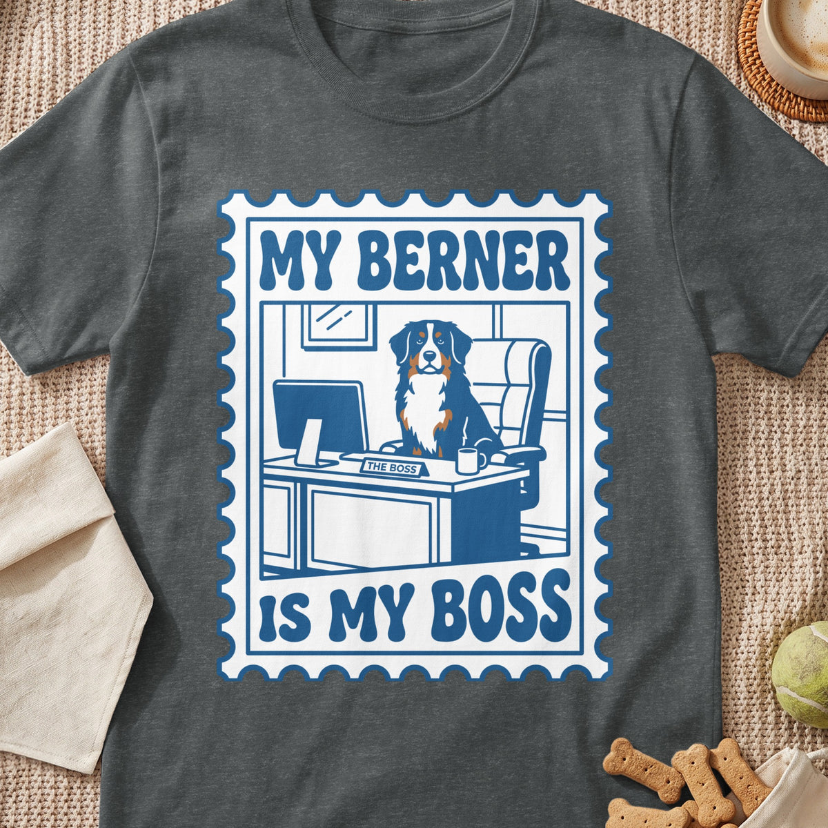 Bernese Mountain Dog sits at office desk with "The Boss" nameplate and text "My Berner Is My Boss".