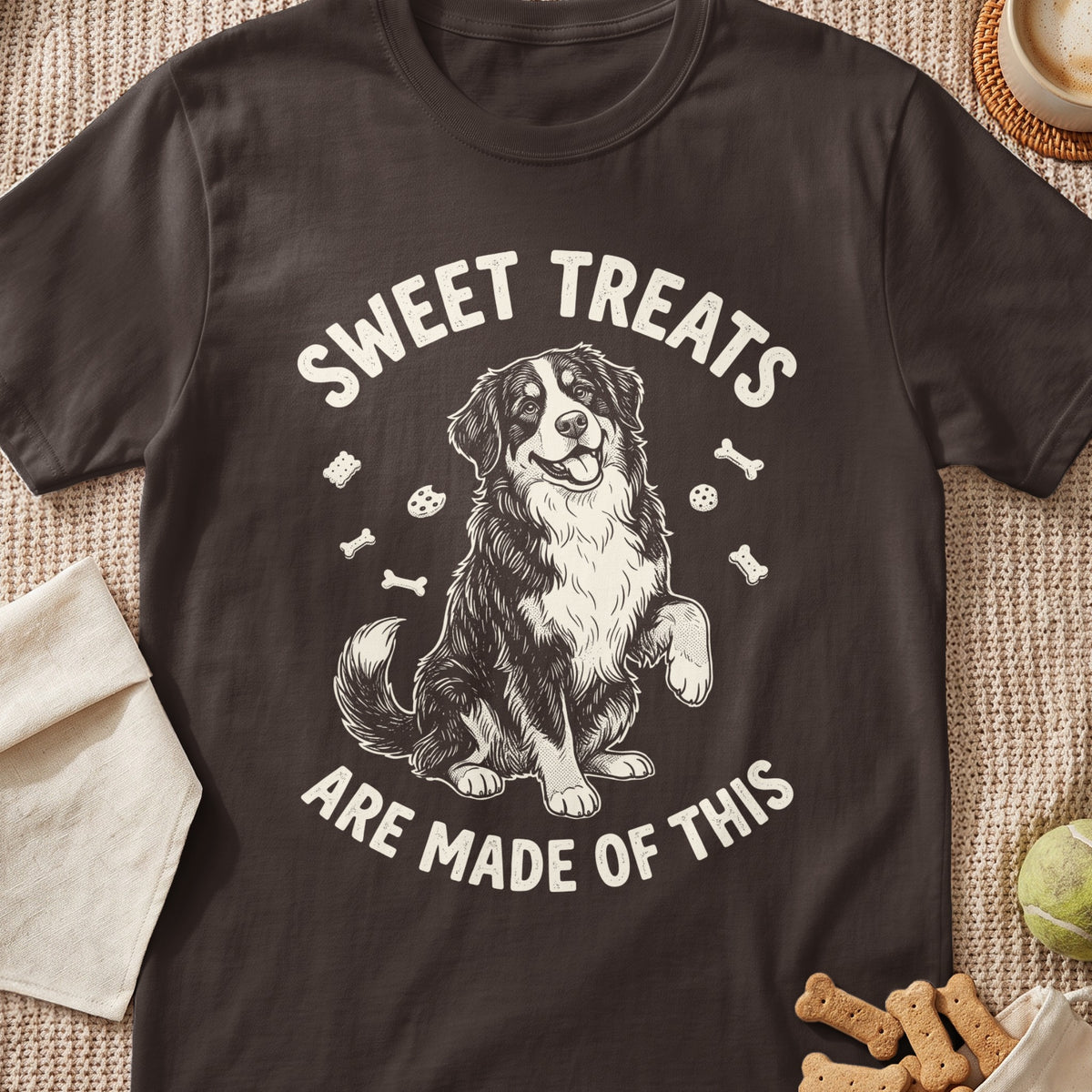 Dark t-shirt with sketch of a happy dog and text "SWEET TREATS ARE MADE OF THIS".