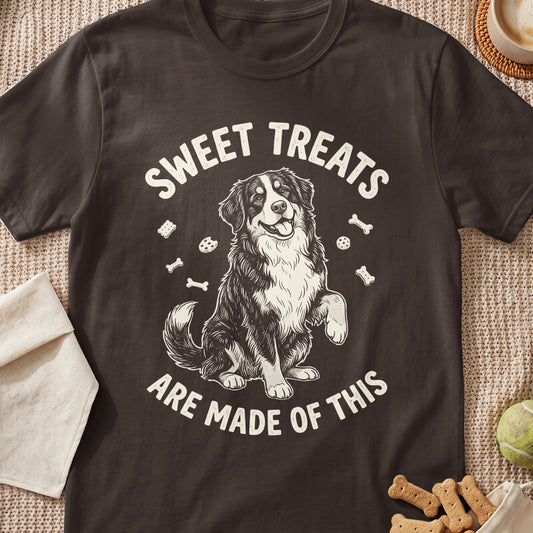 Dark t-shirt with sketch of a happy dog and text "SWEET TREATS ARE MADE OF THIS".