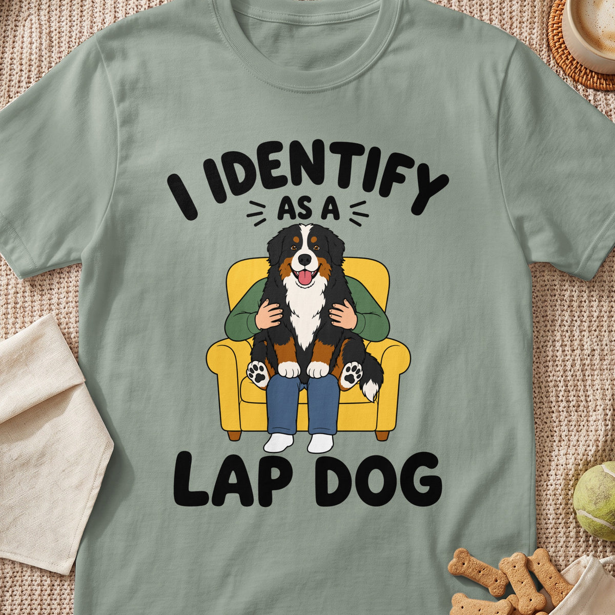 T-shirt graphic with text "I IDENTIFY AS A LAP DOG" and a Bernese Mountain Dog.