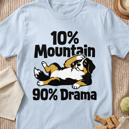 Light blue t-shirt with dog graphic and text "10% Mountain 90% Drama".
