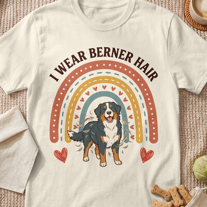Bernese Mountain Dog graphic with text "I WEAR BERNER HAIR" and rainbow design.