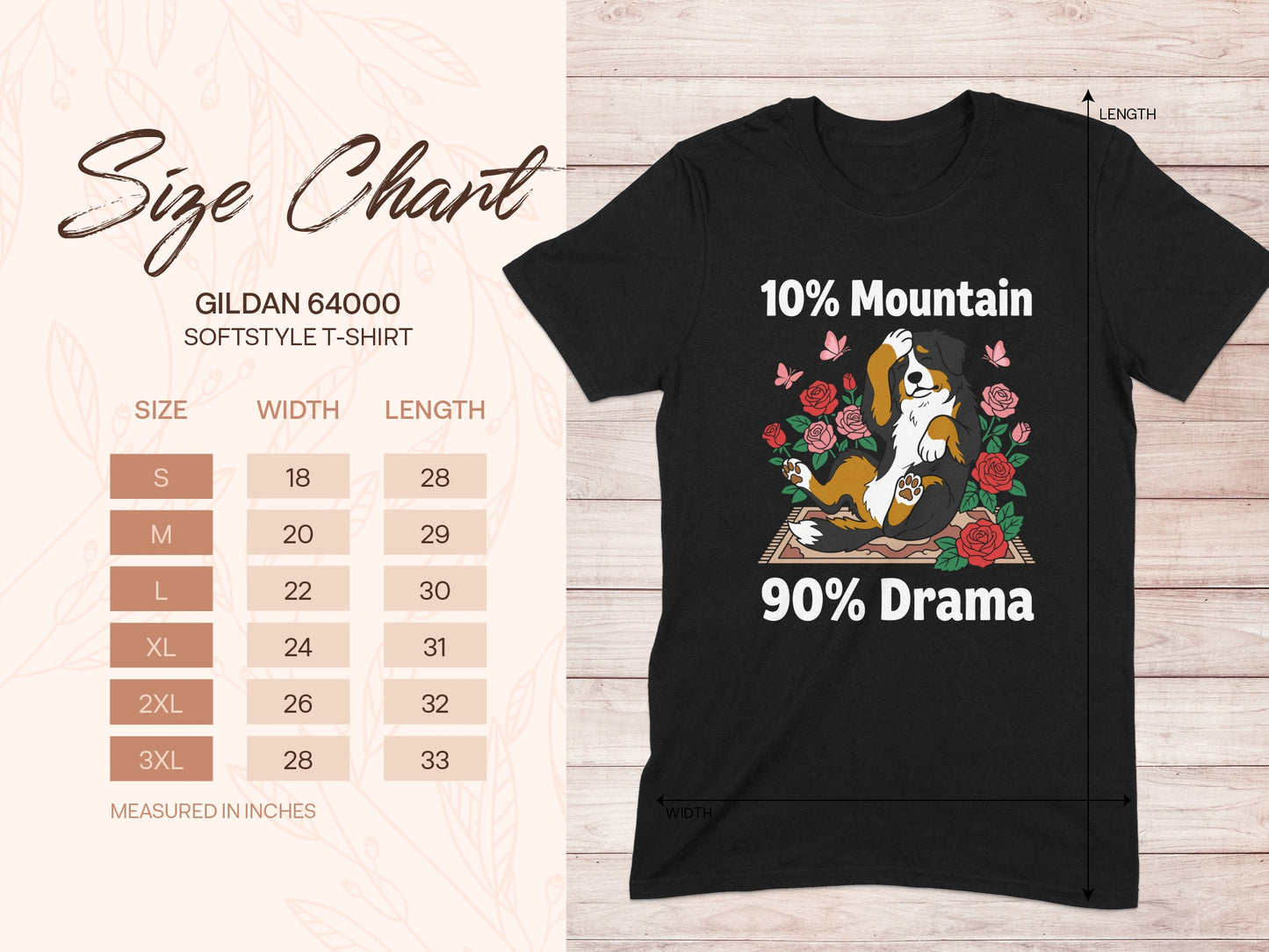 Black t-shirt with "10% Mountain 90% Drama" text, dog, and roses graphic. Includes size chart.