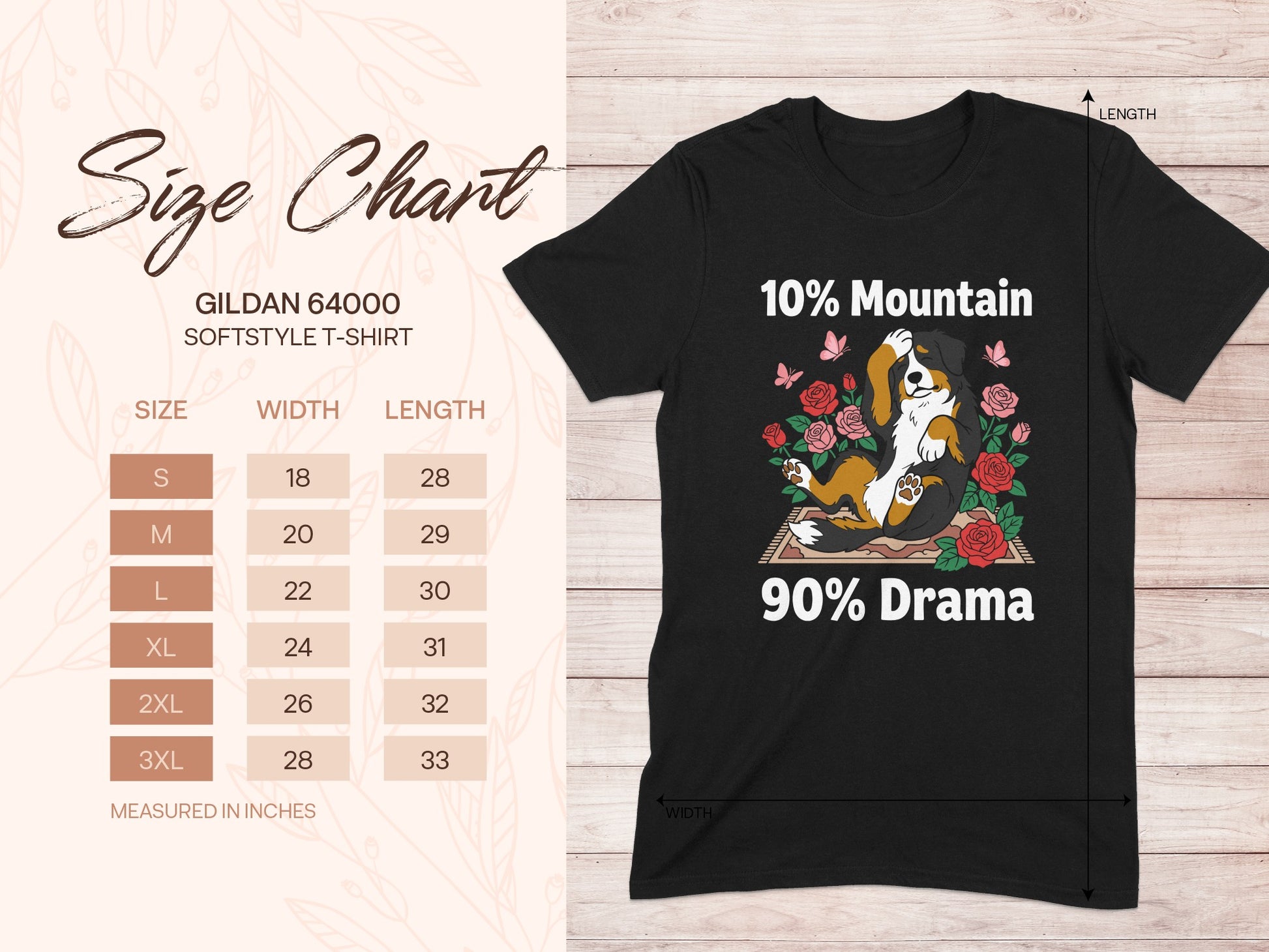 Black t-shirt with "10% Mountain 90% Drama" text, dog, and roses graphic. Includes size chart.