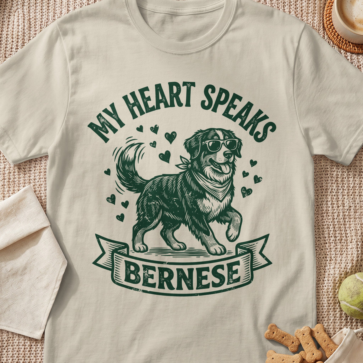 Bernese mountain dog wearing sunglasses and bandana, "My Heart Speaks Bernese" text.