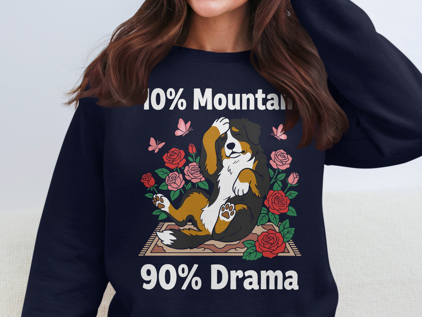Bernese Mountain Dog on rug with roses and butterflies, 10% Mountain 90% Drama.