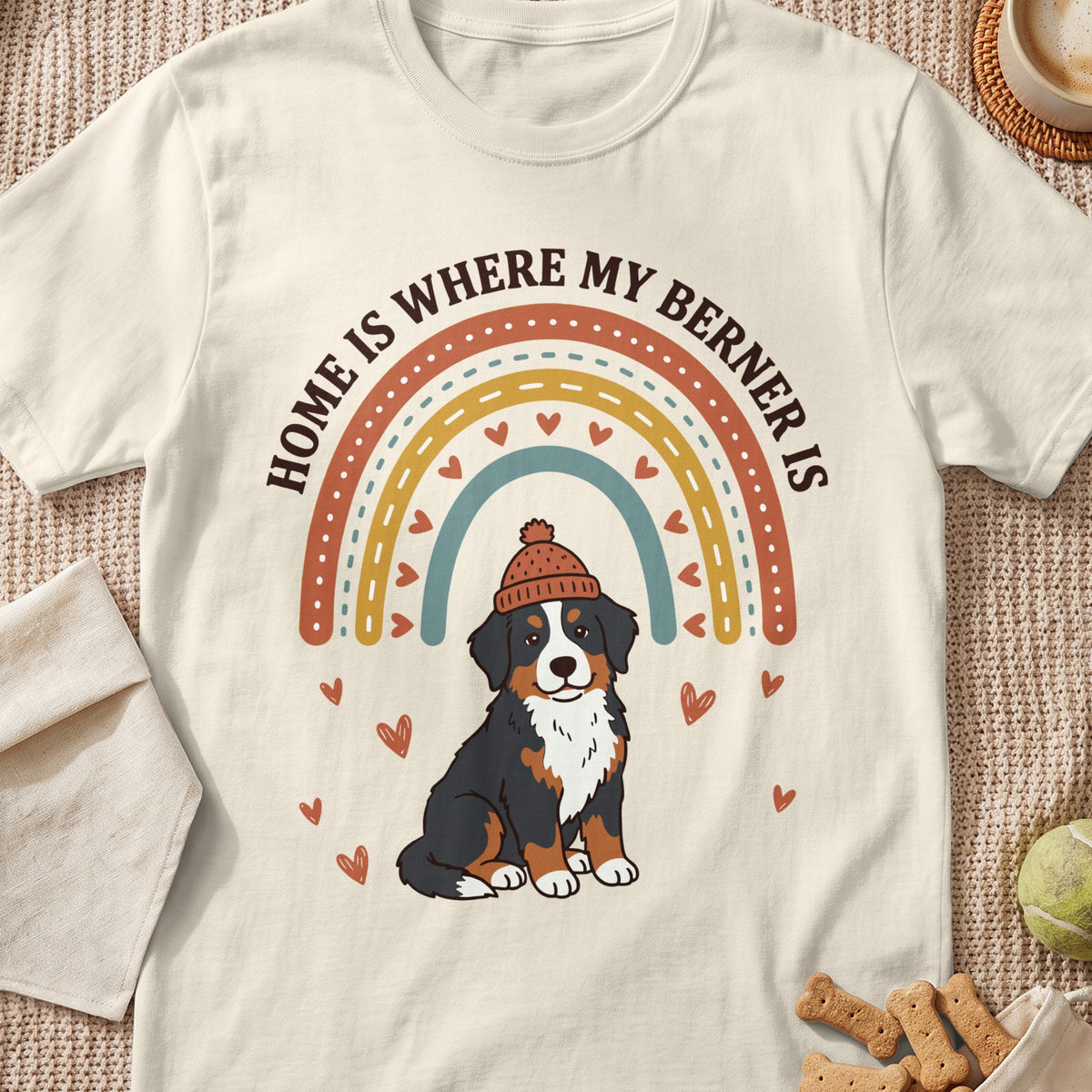 Cream t-shirt with a Bernese Mountain Dog wearing a hat and text "HOME IS WHERE MY BERNER IS".