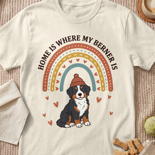 Cream t-shirt with a Bernese Mountain Dog wearing a hat and text "HOME IS WHERE MY BERNER IS".