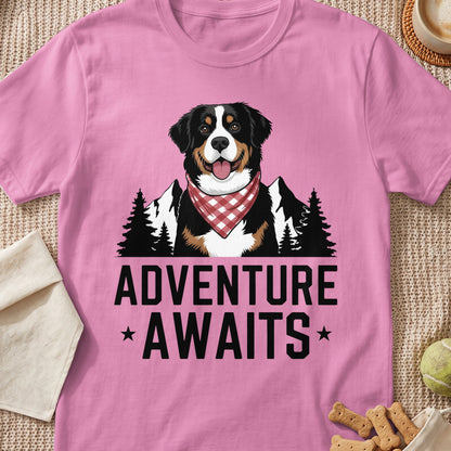 Bernese Mountain Dog graphic tee with mountains, trees, and "Adventure Awaits" text.