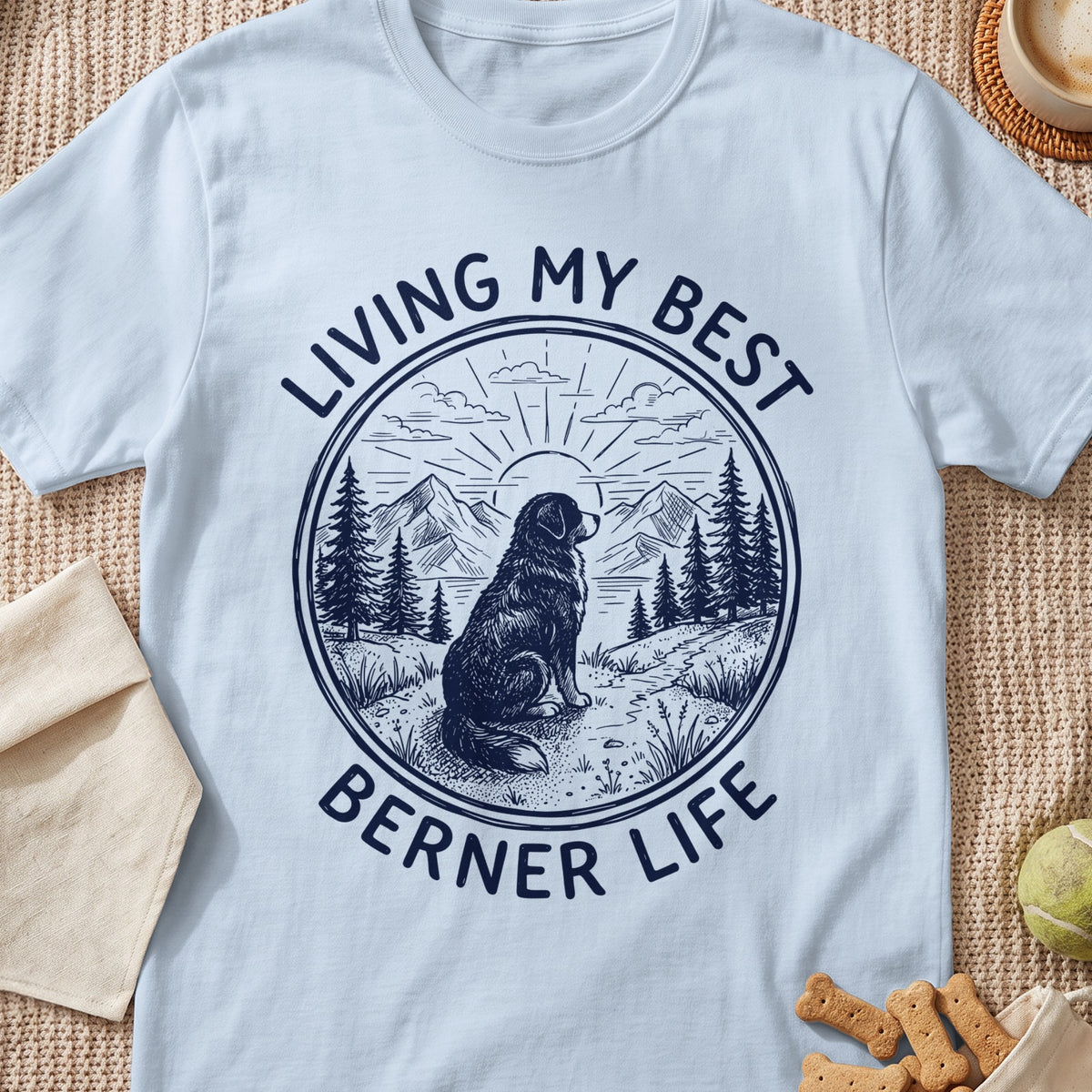 T-shirt with a circular graphic of a Berner dog sitting in a mountain landscape.