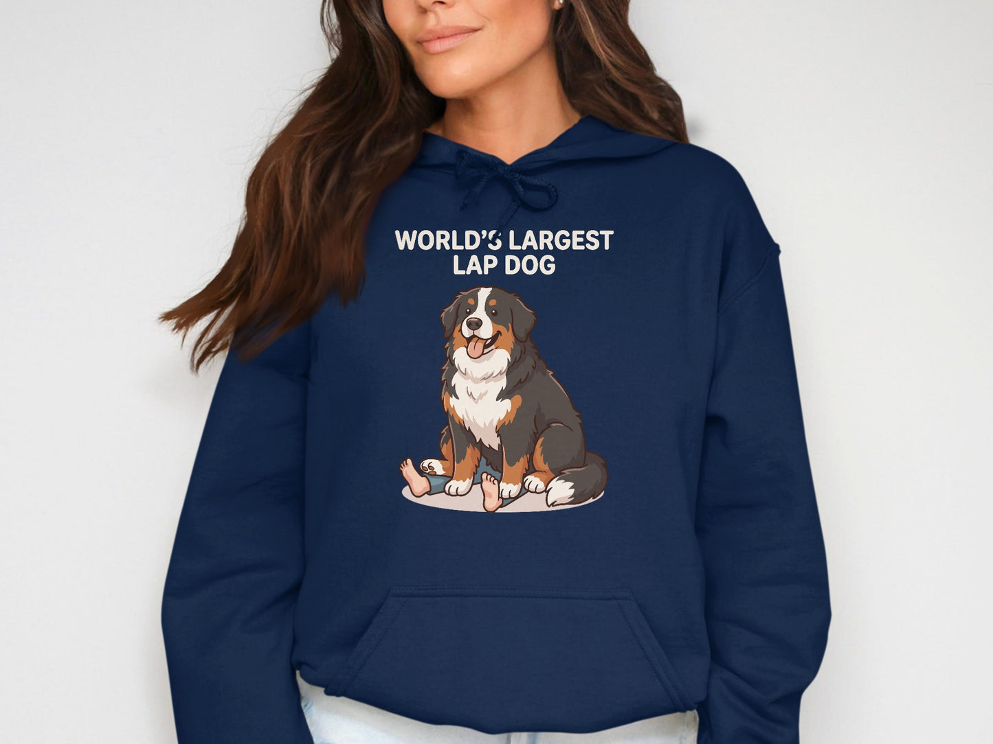 Navy hoodie with text "WORLD'S LARGEST LAP DOG" and a cartoon dog sitting.