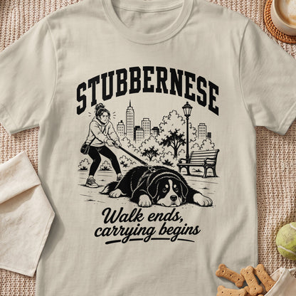 T-shirt graphic: Stubbernese dog and person in park, with text "Walk ends, carrying begins."