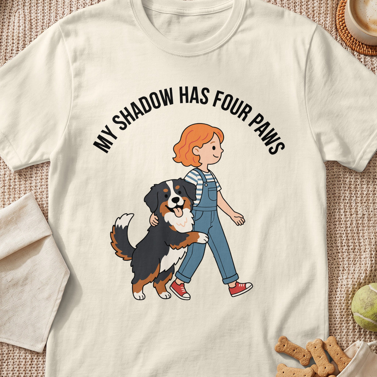 Illustration of girl and Bernese Mountain Dog walking with text "MY SHADOW HAS FOUR PAWS".