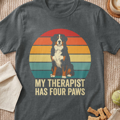 Bernese Mountain Dog with "MY THERAPIST HAS FOUR PAWS" text against a retro sunset.