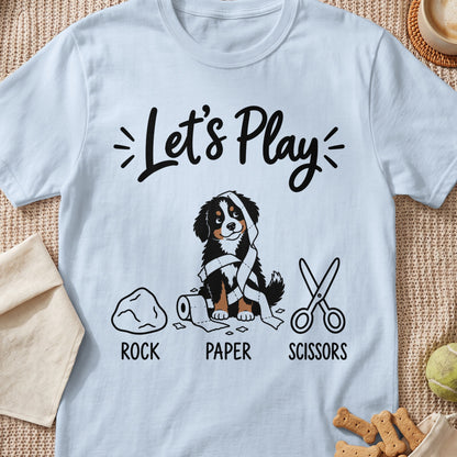 T-shirt with "Let's Play" text and dog playing rock paper scissors.