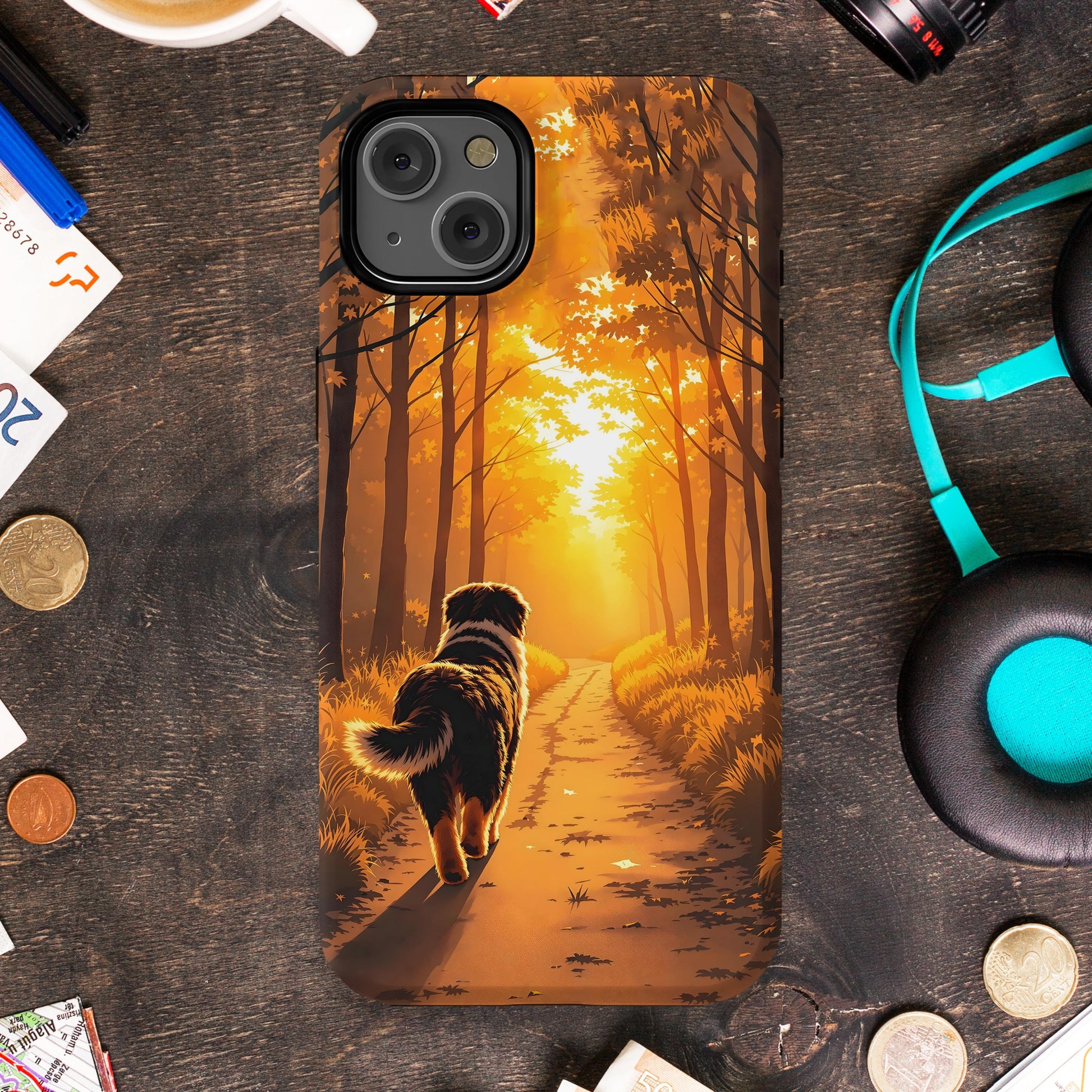 Sunlit Forest Path with Dog Phone Case product