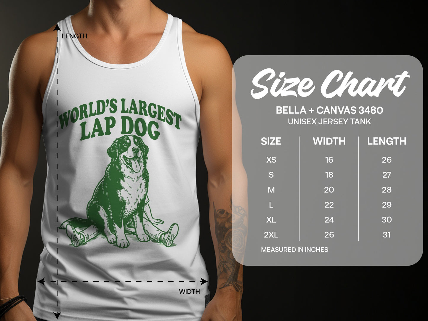 White tank top with green "World's Largest Lap Dog" print and size chart.