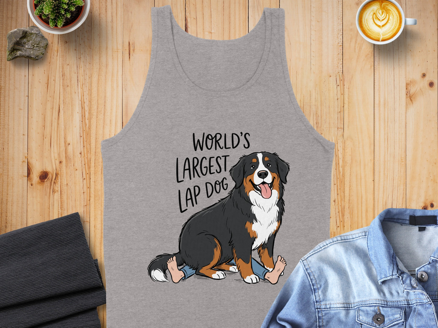 Gray tank top with "World's Largest Lap Dog" text and illustration of Bernese Mountain Dog.