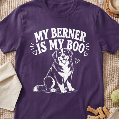 Purple t-shirt with white text "MY BERNER IS MY BOO" and a sitting Bernese Mountain Dog.