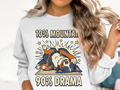 Bernese Mountain Dog on rug with text "10% MOUNTAIN 90% DRAMA".