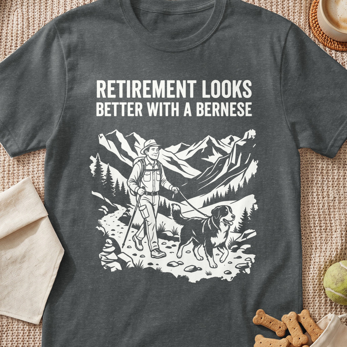 Retirement looks better with a Bernese text on a t-shirt with hiking scene.