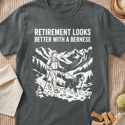 Retirement looks better with a Bernese text on a t-shirt with hiking scene.
