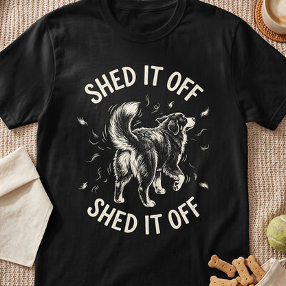 Black t-shirt with a sketched dog and "SHED IT OFF" text.