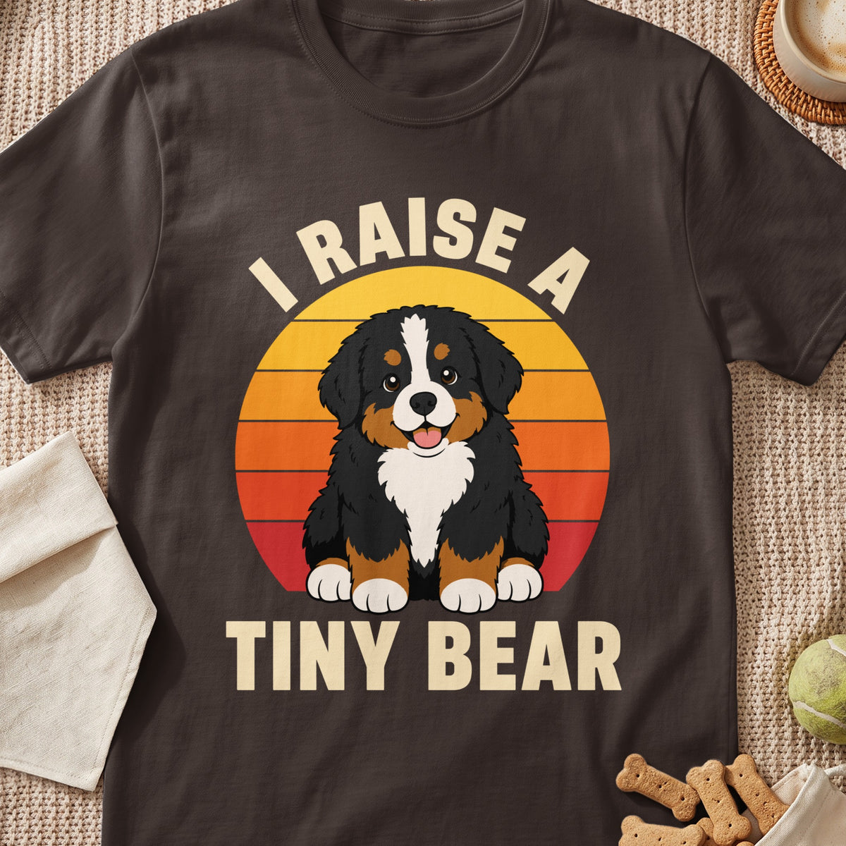 Bernese Mountain Dog with text "I Raise A Tiny Bear" in front of sunset graphic.