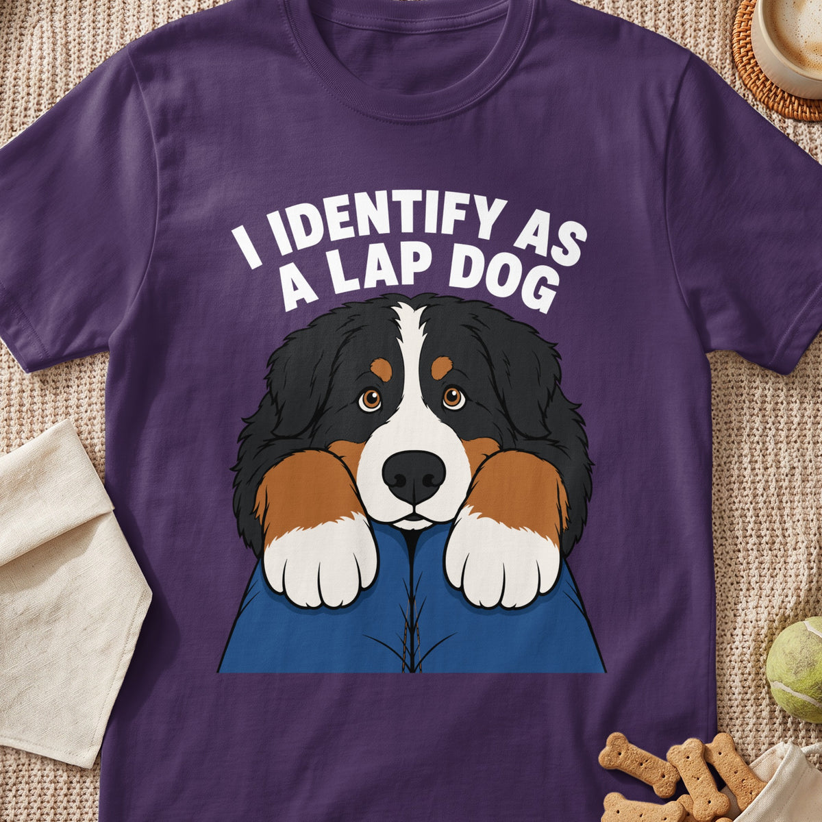 Purple t-shirt with "I identify as a lap dog" and a Bernese Mountain Dog graphic.