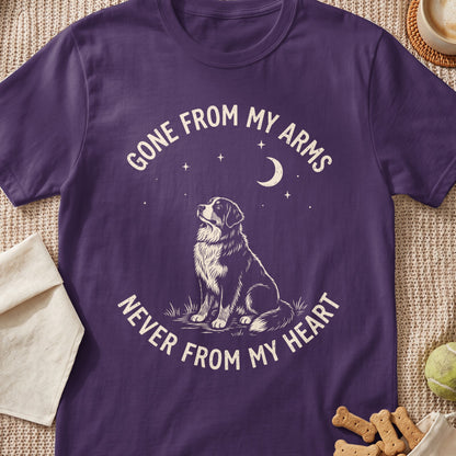 Purple t-shirt with dog and text "Gone from my arms, never from my heart."