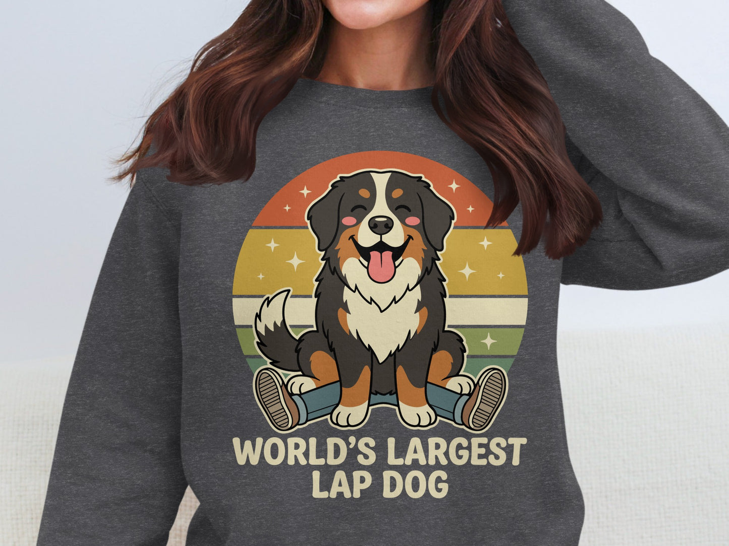 Cartoon Bernese Mountain Dog sitting with "World's Largest Lap Dog" text.
