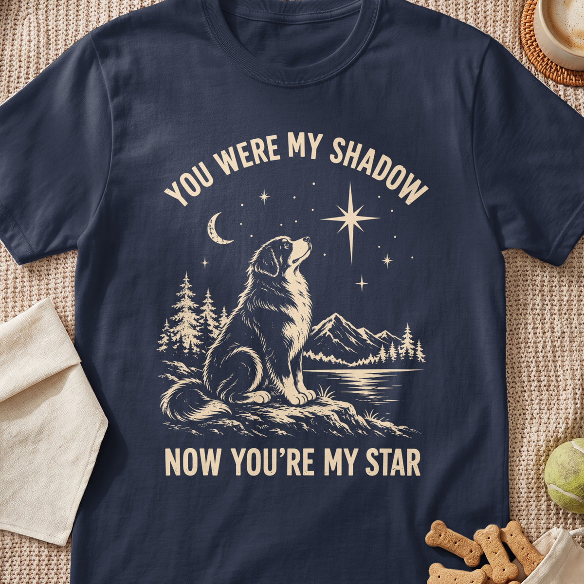 Dog looking up at a star with text "You Were My Shadow, Now You're My Star".