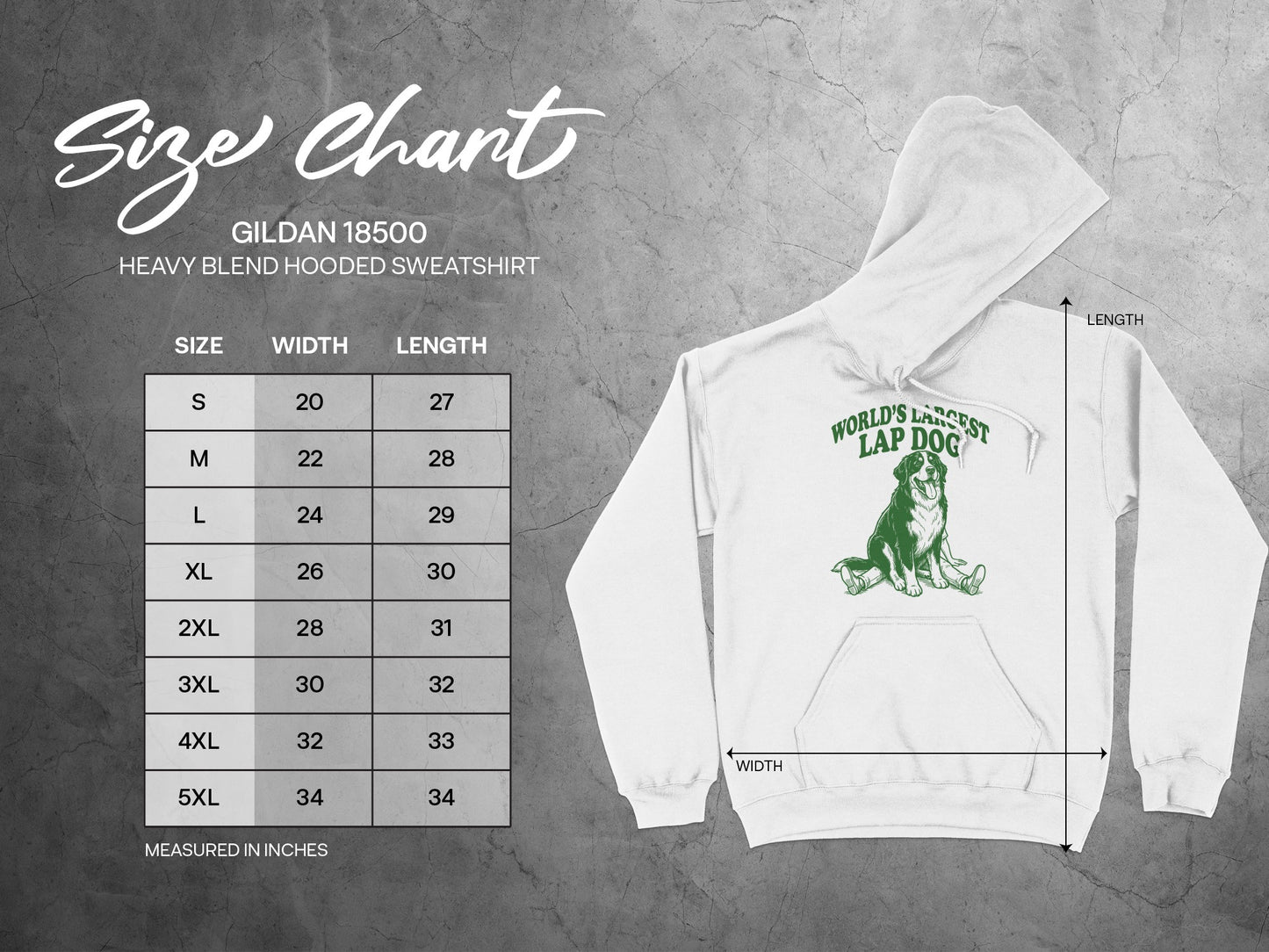 Gildan 18500 Heavy Blend hooded sweatshirt size chart with widths and lengths.