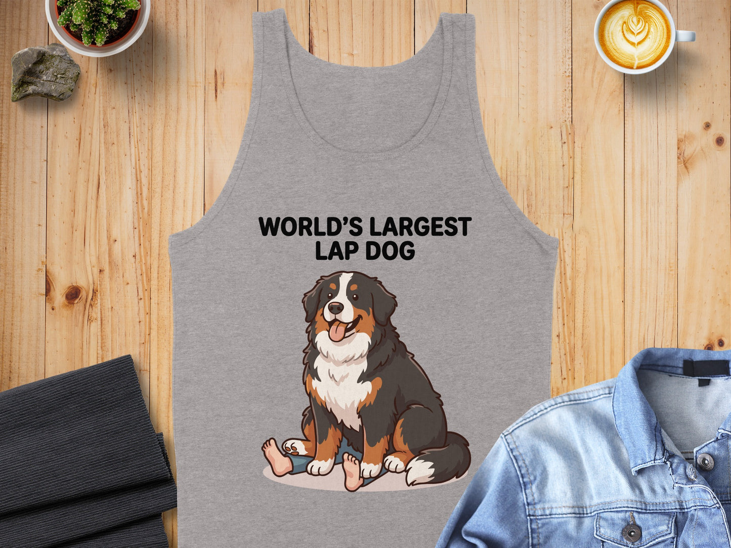 Gray tank top with cartoon Bernese Mountain Dog and text "WORLD'S LARGEST LAP DOG".