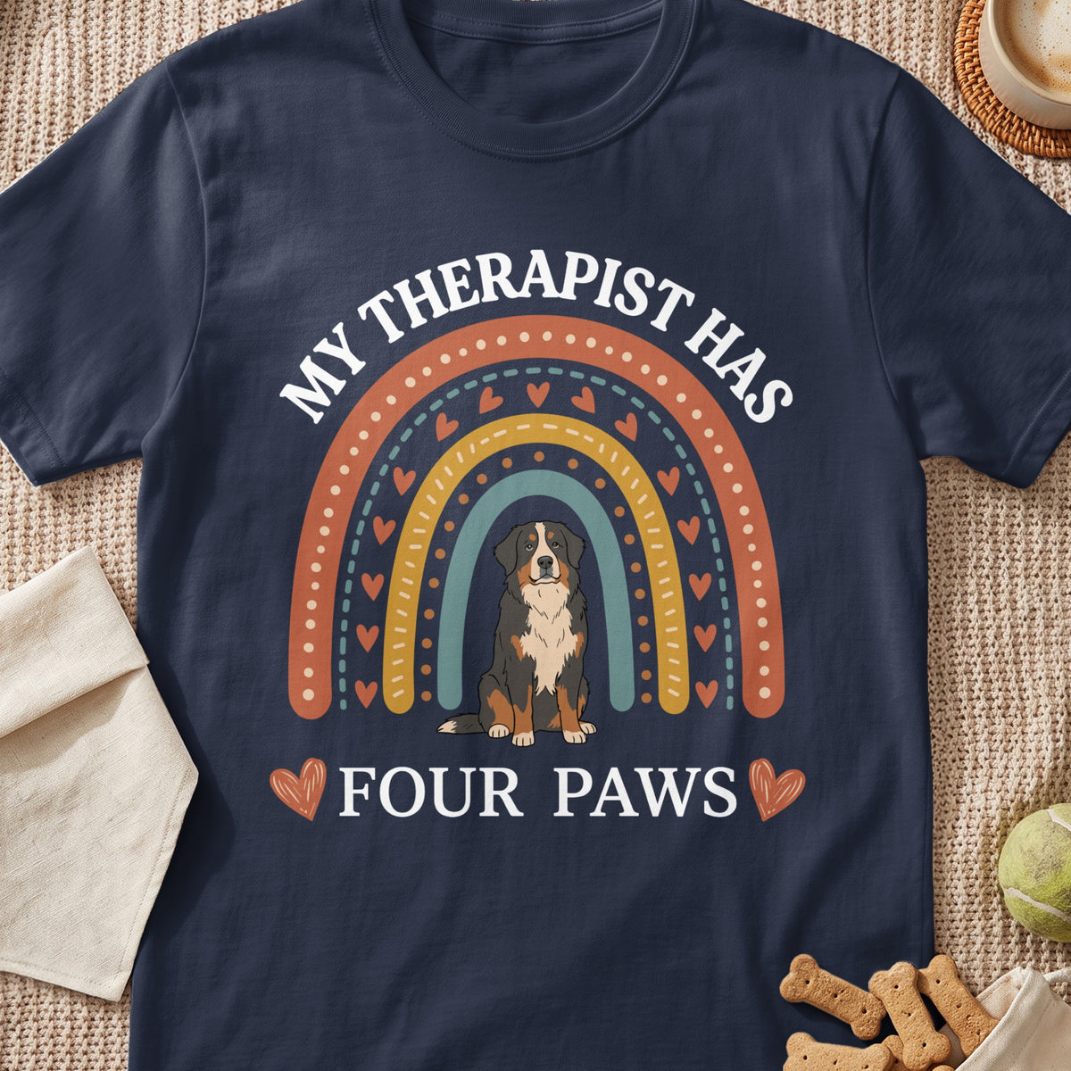 Bernese Mountain Dog with rainbow graphic and text "MY THERAPIST HAS FOUR PAWS."