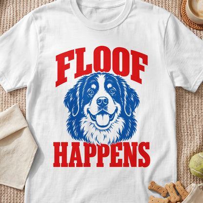 White t-shirt with blue and red graphic of a dog face and text "FLOOF HAPPENS".