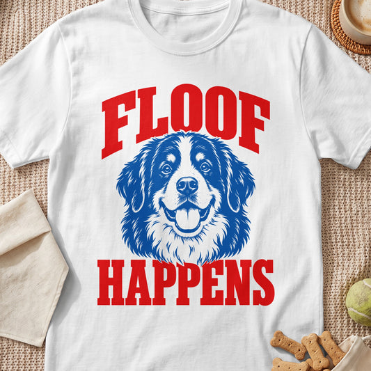 White t-shirt with blue and red graphic of a dog face and text "FLOOF HAPPENS".