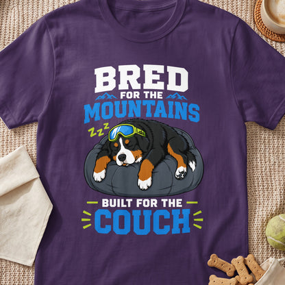 Bernese Mountain Dog with goggles sleeps on a bed, text says "Bred for the mountains, built for the couch."