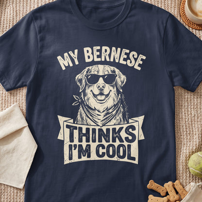 Bernese dog wearing sunglasses and bandana, text reads "My Bernese Thinks I'm Cool".