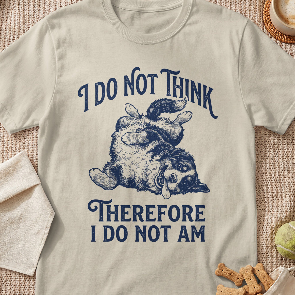 T-shirt with a playful dog and text "I DO NOT THINK THEREFORE I DO NOT AM".