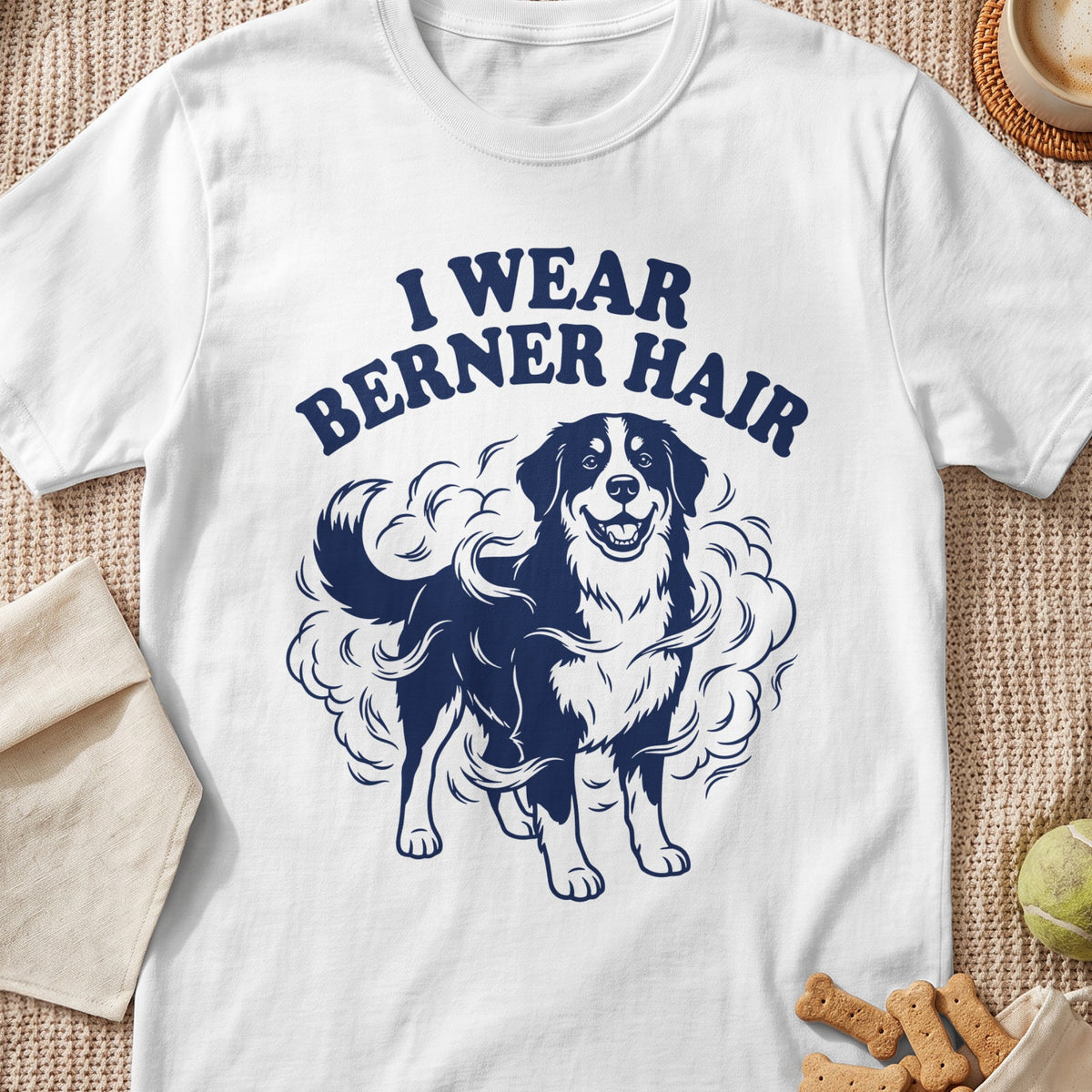 White t-shirt with navy blue graphic of Bernese Mountain Dog and text "I WEAR BERNER HAIR".
