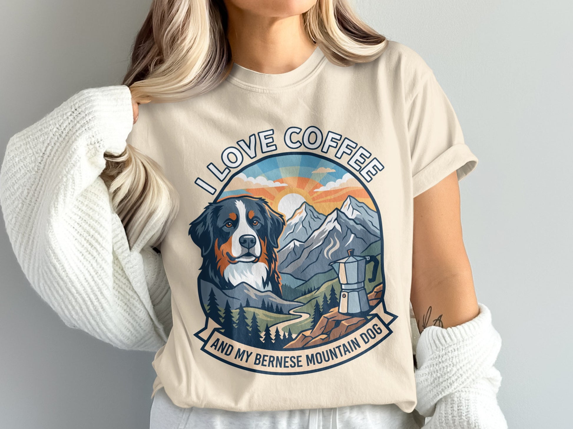 Shirt with graphic: I LOVE COFFEE AND MY BERNESE MOUNTAIN DOG art.