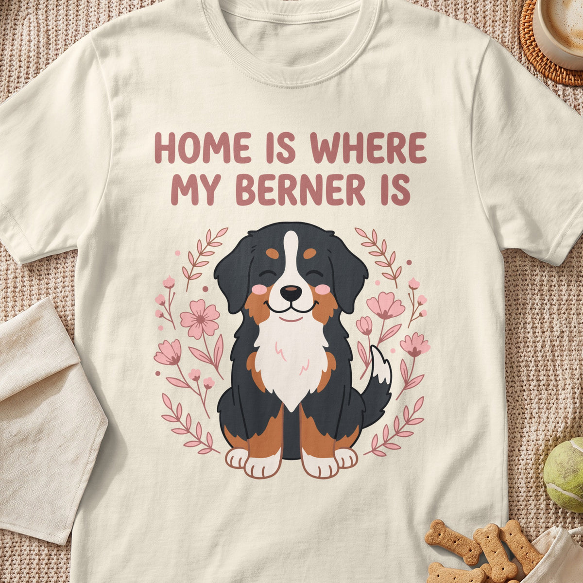 Bernese Mountain Dog illustration with text "HOME IS WHERE MY BERNER IS".
