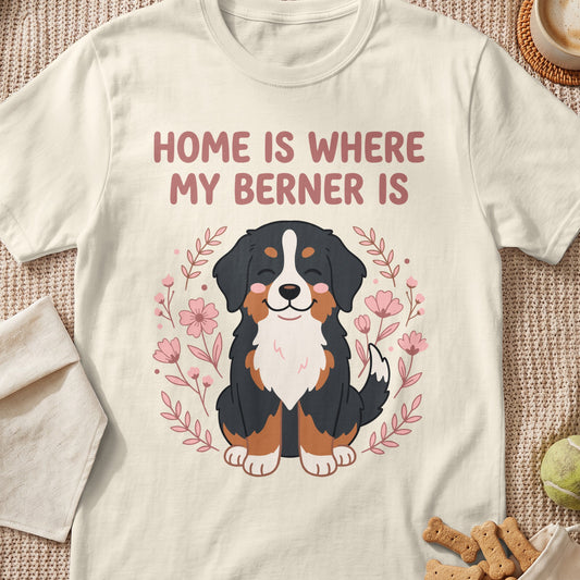 Bernese Mountain Dog illustration with text "HOME IS WHERE MY BERNER IS".